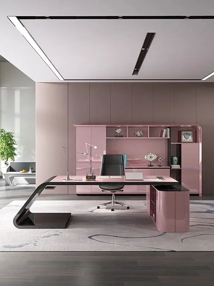 Customized Painted Office Desk, Fashionable  Women's Boss Desk, Pink High-end Manager Desk, Creative and Chair Combination