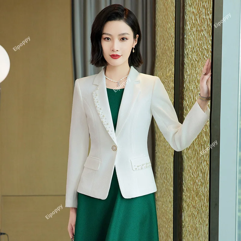 2024 New High Quality Women's Blazer and Dress Korean Beading Fashion Elegant Business Work Wear White Black Green