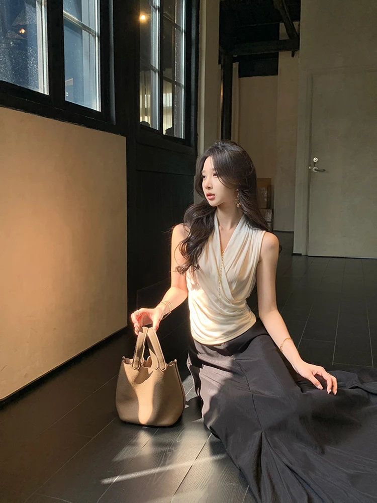 

Summer Slim Fit V-Ne Knitted Tank Top Women's Cross Strap Bindi T-irt Pure Color Commute Sle Regular Length