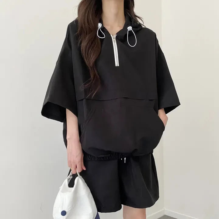 

Women Shorts Sets Half Zipper Hooded Half Sleeve Sets Lady Loose Big Pocket Elastic Waist 2pcs Shorts Hoodies Suits Oversize