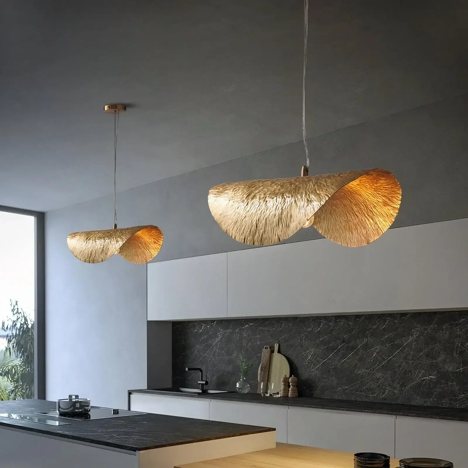 Medieval Gold Lotus Leaf Pendant Light LED Hand Woven Lampshade Chandelier Living Room Study