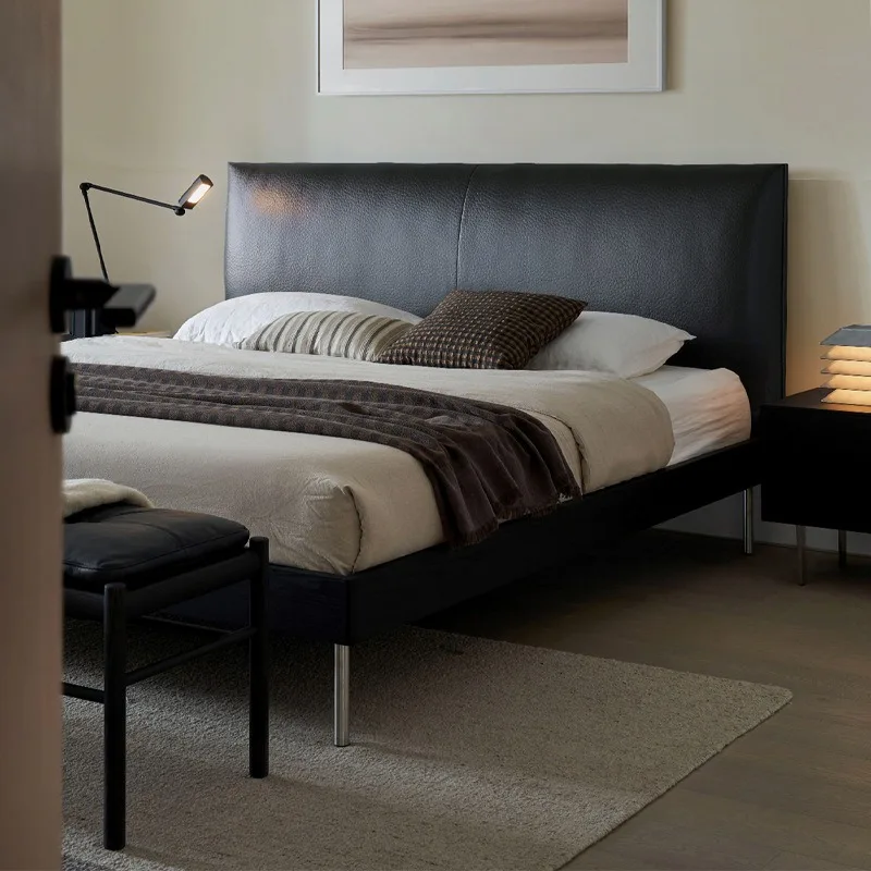 Leather bed, first cowhide Italian minimalist bed, suspended bed