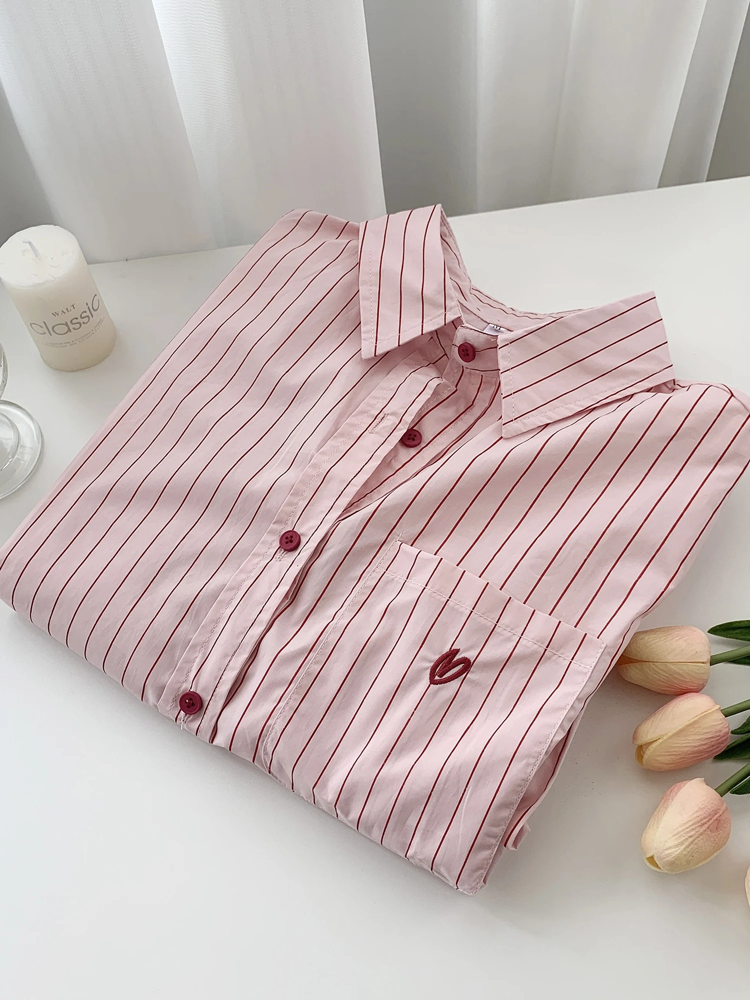 Korean Sle Long Sve  Ne ket Embroidery Striped Women's irt Spring Autumn New Arrival Casual Comfortable Cotton