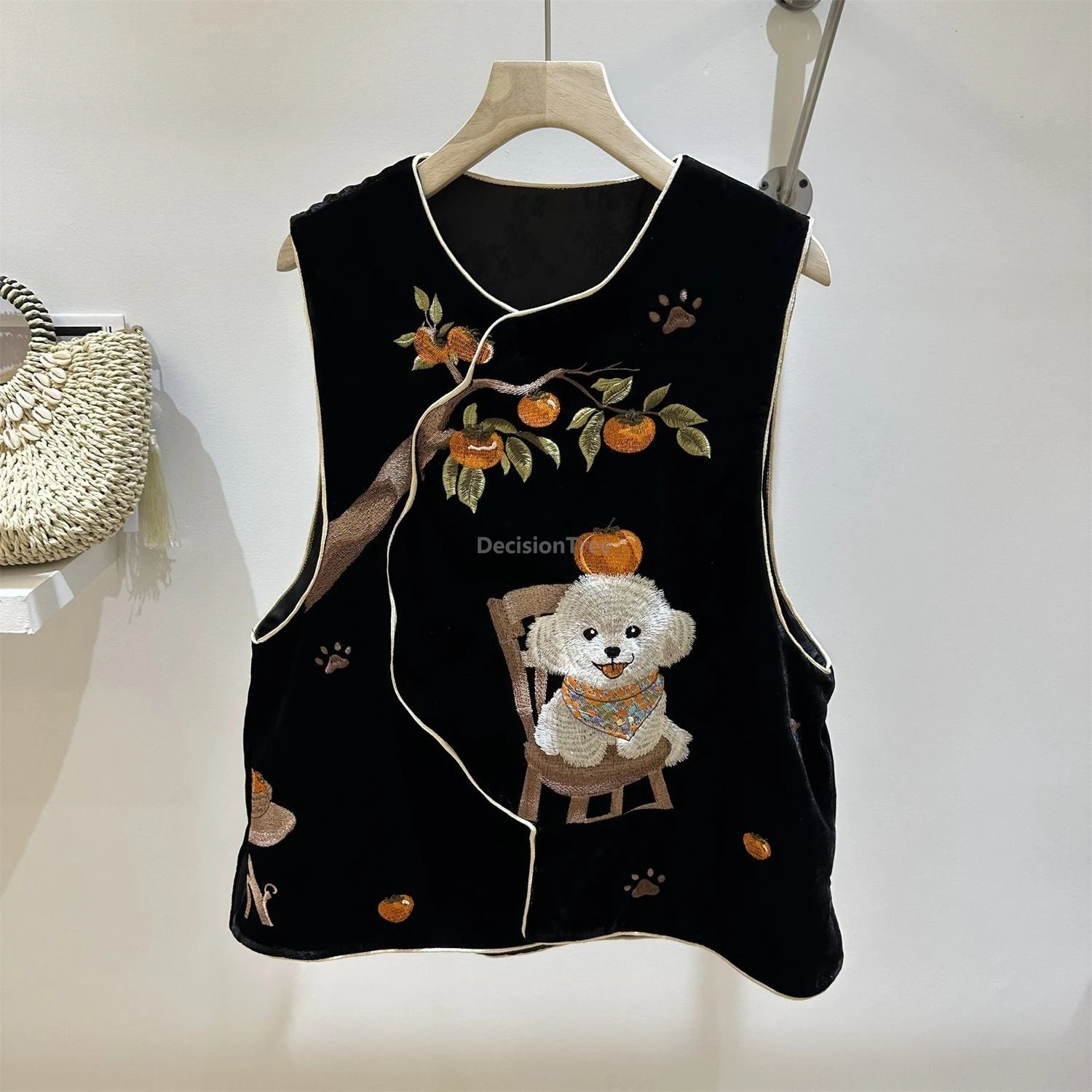 

Винтажный жилет в китайском стиле Тан с элегантной вышивкой собаки, модный женский жилет для весны и осени, повседневный черный бархатный жилет