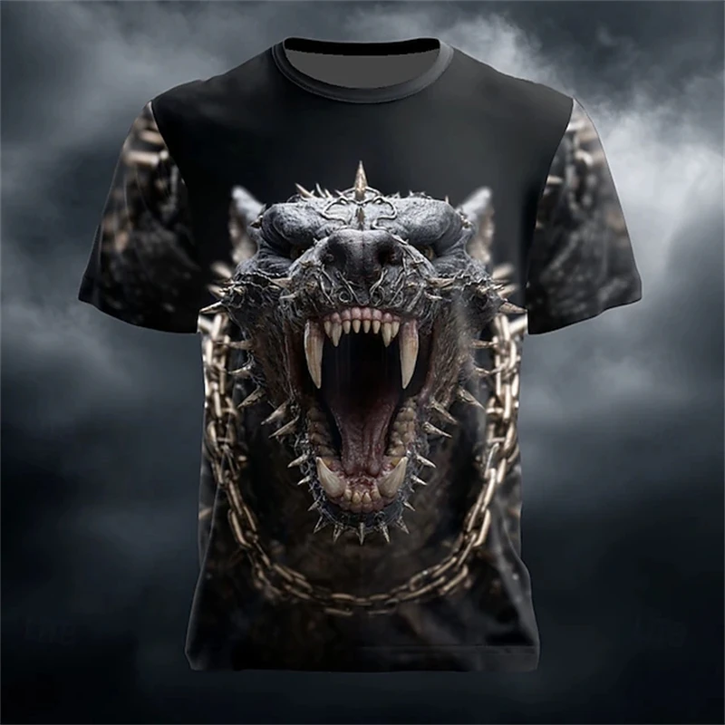 2026 Summer Street Style Fashion T-Shirt Men's Urban Casual Short-Sleeve Top 3D Men's Outdoor T-Shirt with Fierce Dog Print