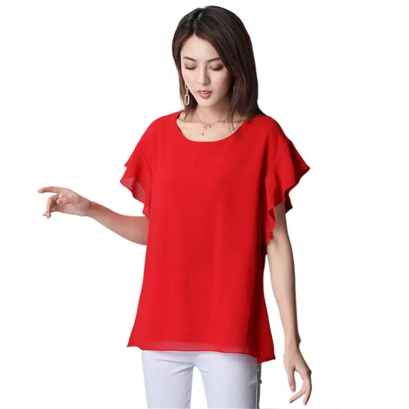 

Women Chiffon Blouse 2024 Summer Short Butterfly Sleeve Office Ladies Shirts Elegant Work Tops Female Clothing