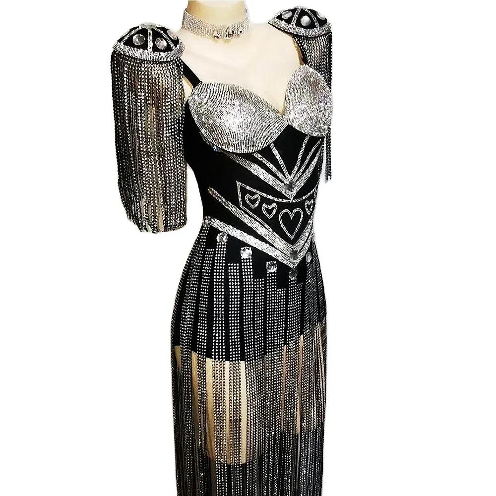 ผอมยืดผู้หญิงสีดําBodysuits Prom Partyฉลองเครื่องแต่งกายShining Diamonds Silverพู่Jumpsuit Nightclub Stage Wear