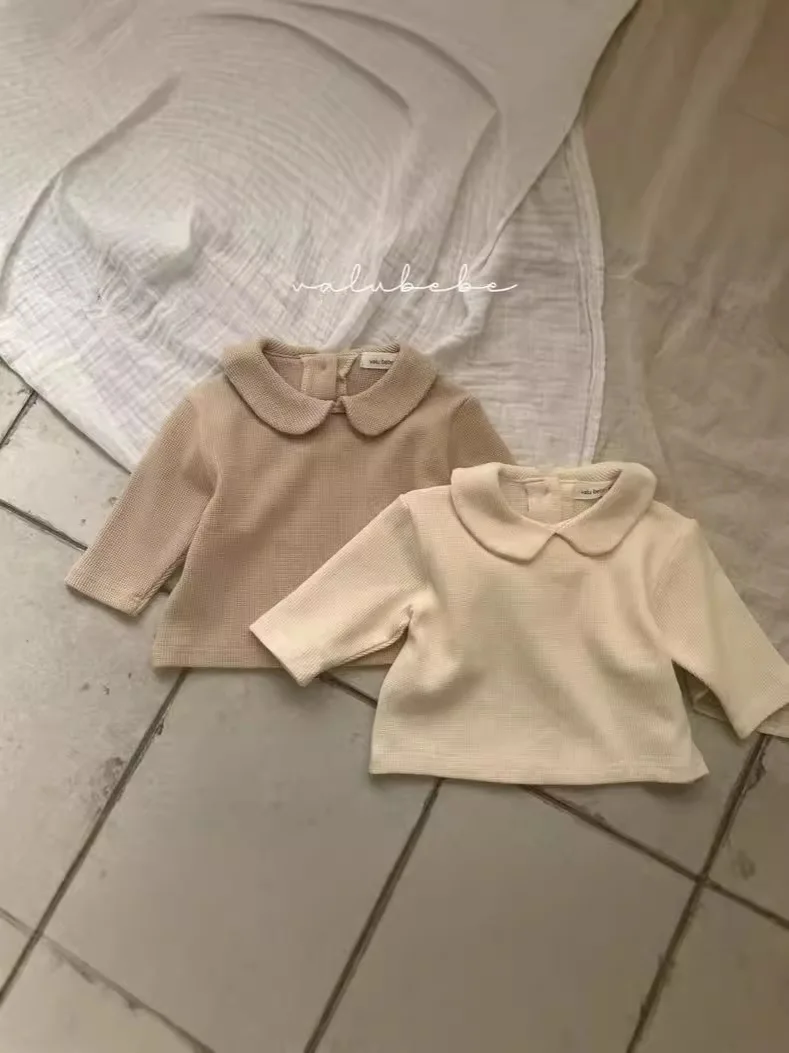2025 Autumn New Baby Long Sleeve T Shirts Cotton Infant Toddler Peter Pan Collar Tops Girls Solid Versatile Bottoming Shirts