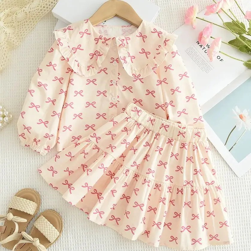 

Korean Style Children's Clothing Autumn Kids Girls Clothes Long Sleeve Printed Doll Blouse+Skirt Sweet Bow Baby One-Piece Dress