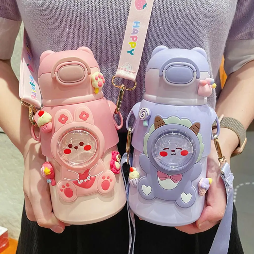 Thermal Bottle Easy to Carry Durable Children Cute Thermal Cup with Shoulder Straps Sturdy Drinking Straw Cup for School