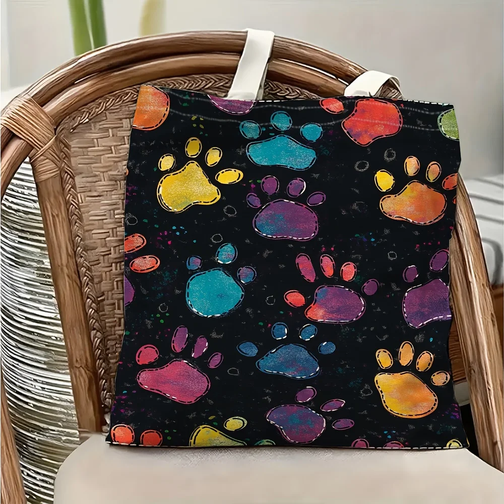 1pc Colorful Pet Paw Print Themed Tote Bag, Shopping Bag, Su