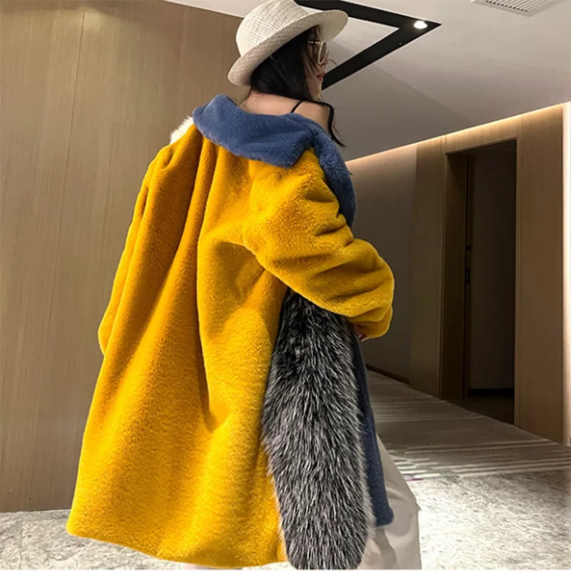 Autumn Winter Stitching Fur Jacket Women Overcoat Fashion Loose Imitation Rex Rabbit Fur Coat Outwear Thick Warm Parker Fur Coat