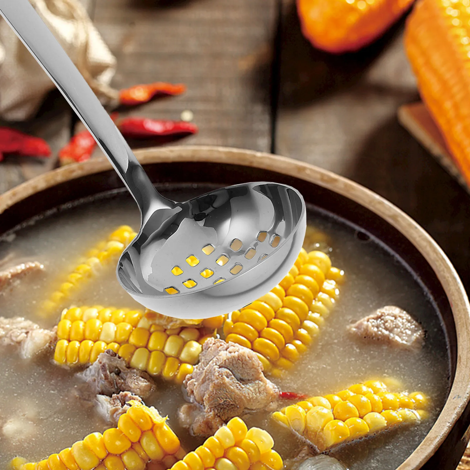 Stainless Steel Slotted Ladle Large Capacity Thickened Design for Soup Hot Pot Noodles Serving Kitchen Utensil Commercial Home
