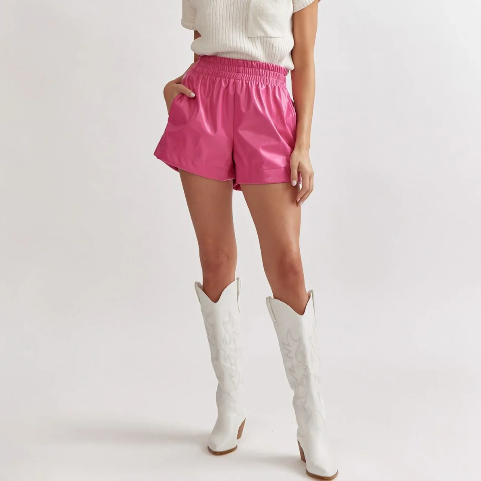 Pantaloncini classici da donna in ecopelle Pantaloncini larghi elastici a vita alta tinta unita Pantaloncini casual a gamba larga
