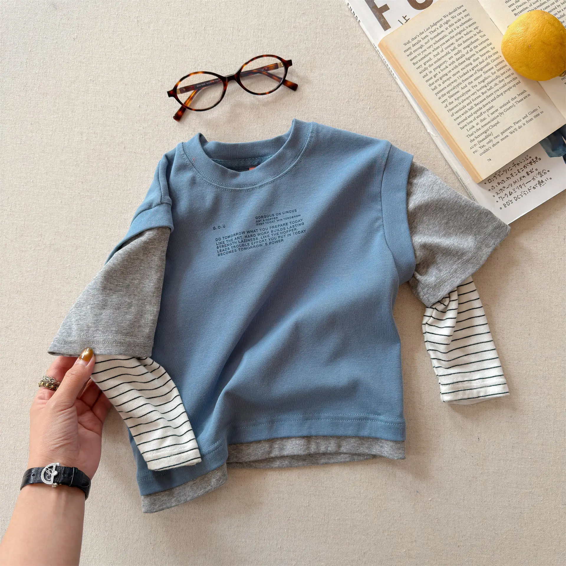 2026 Spring New Children Long Sleeve T Shirts Fashion Girls False Two Piece T Shirts Kids Casual Tops Baby Boy Cotton Tees