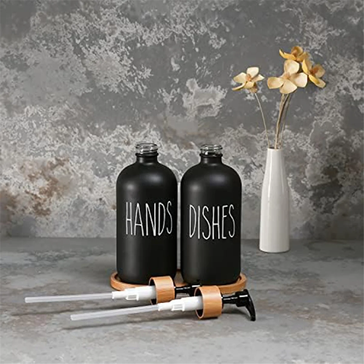 Glass Soap Dispenser Set, Contains Glass Hand Soap Dispenser and Glass Dish Soap Dispenser. Matte Black Soap Dispenser