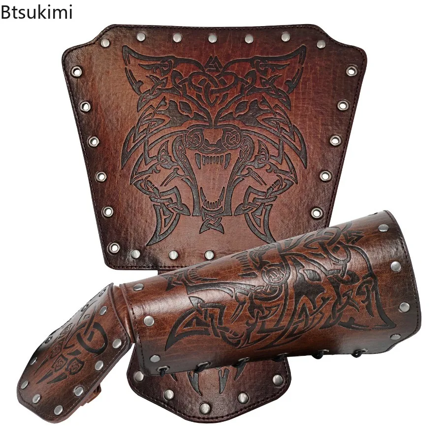 

Medieval Vikings Costume PU Leather Wrist Vintage Embossed Leather Gauntlets Gothic Knight Wristbands Armor Cosplay Accessories