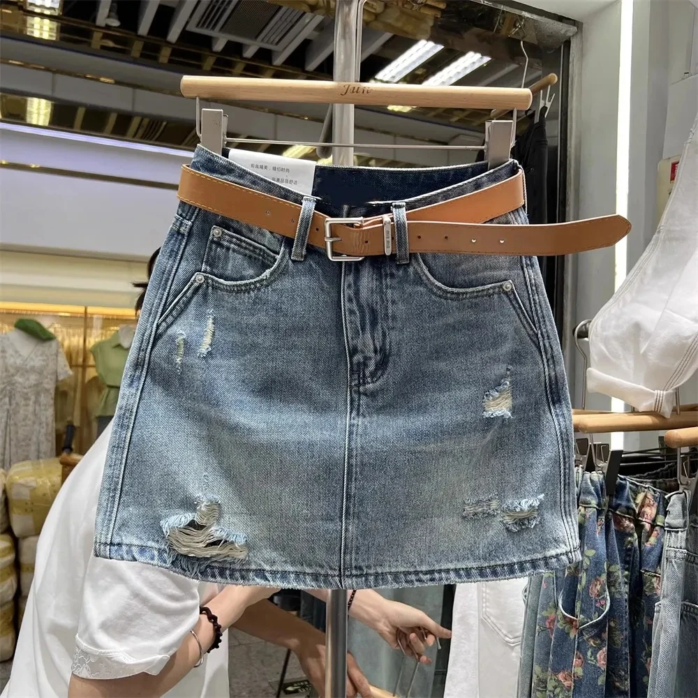 

Hole Wrapped Denim Short Skirt, for Women's Clothing, 2024 New Summer High Waisted versatile anti glare A-line Mini Jeans Skirts