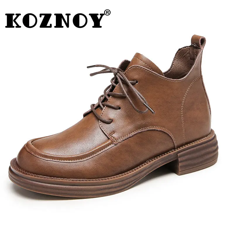 

Koznoy Block Heel 3.5cm Retro Ethnic Natural Genuine Leather Summer Spring Autumn Females Lace Up Women Loafers Leisure Shoes