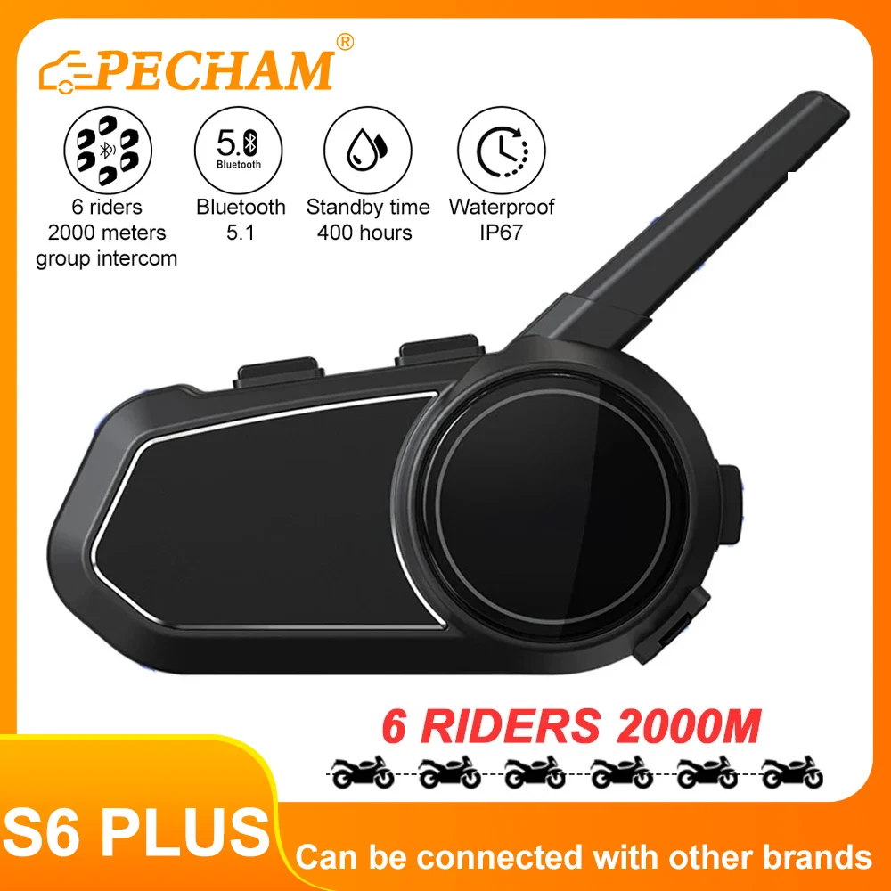 S6 PLUS Motorcycle Helmet Intercom Headset for 6 Rider 2000m Communicate BT5.1 Moto Wireless Headset Waterproof Noice Reduction