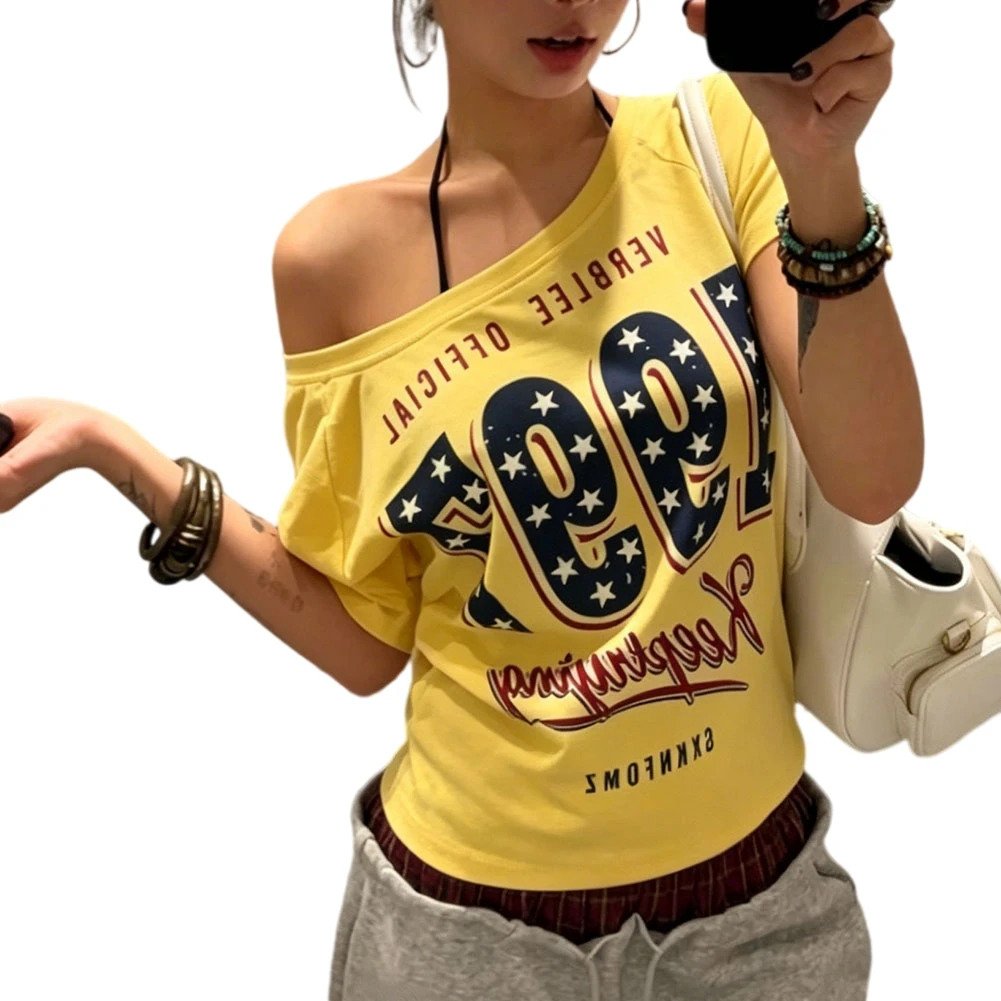Star Print Off Shoulder Short Sleeve T Shirt Women Retro V Neck Summer Beach Vacation Holiday Yoga Tops Female Fashion Clothing