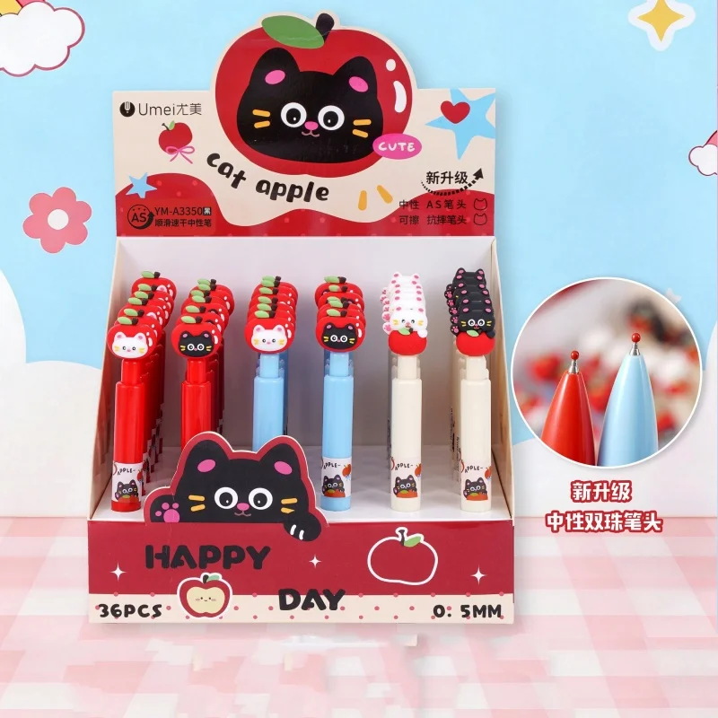 

36pcs/lot Creative Apple Cat Press Gel Pen Cute 0.5mm Black Ink Neutral Pens For Writing Office School Supplies
