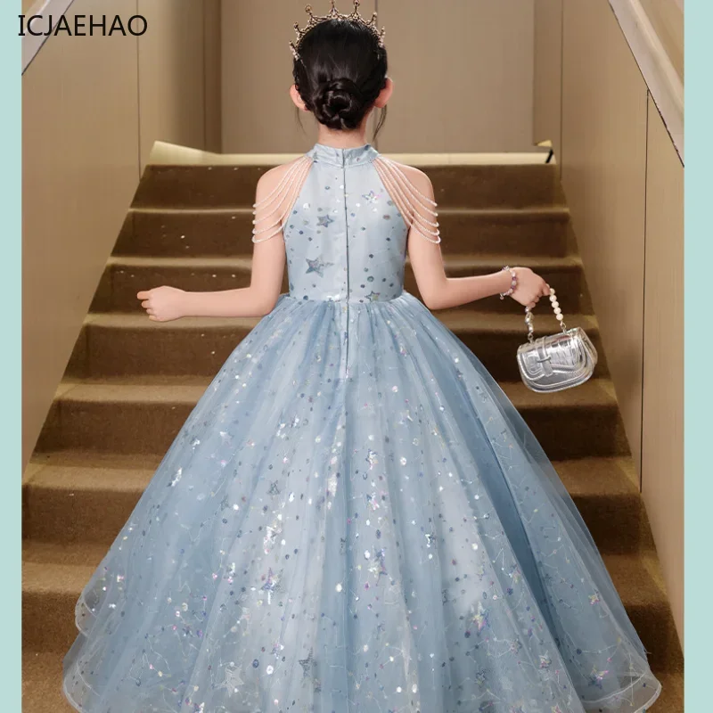 ICJAEHAO 2024 Blue Girls\' Dress Summer Light Luxury Niche High-end Princess Matching Children\'s Host Piano Performance Clothes