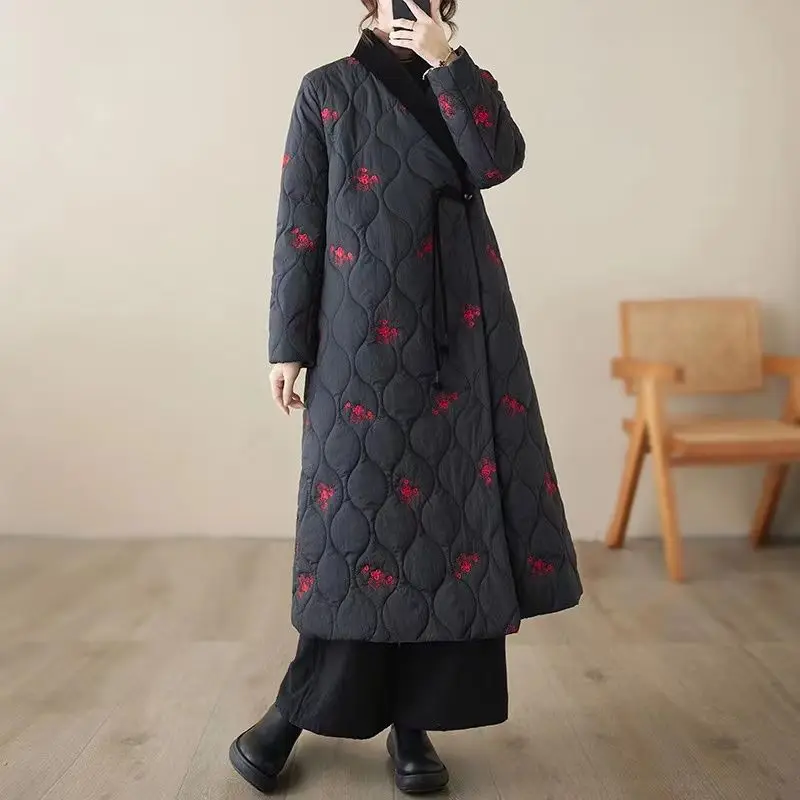 Embroidery X-long Cotton Jacket Vintage Autumn Winter Women Clothes Parkas Loose Quilted Jacket Warm Coat Windproof Chic Jackets