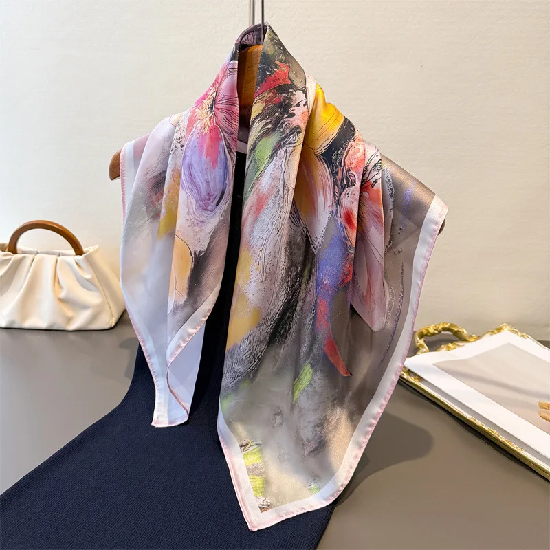 Luxury Oil Painting Print Square Scarf for Women Soft Satin Wraps Neckerchief Female Hair Bands Ribbon Headband Bandana