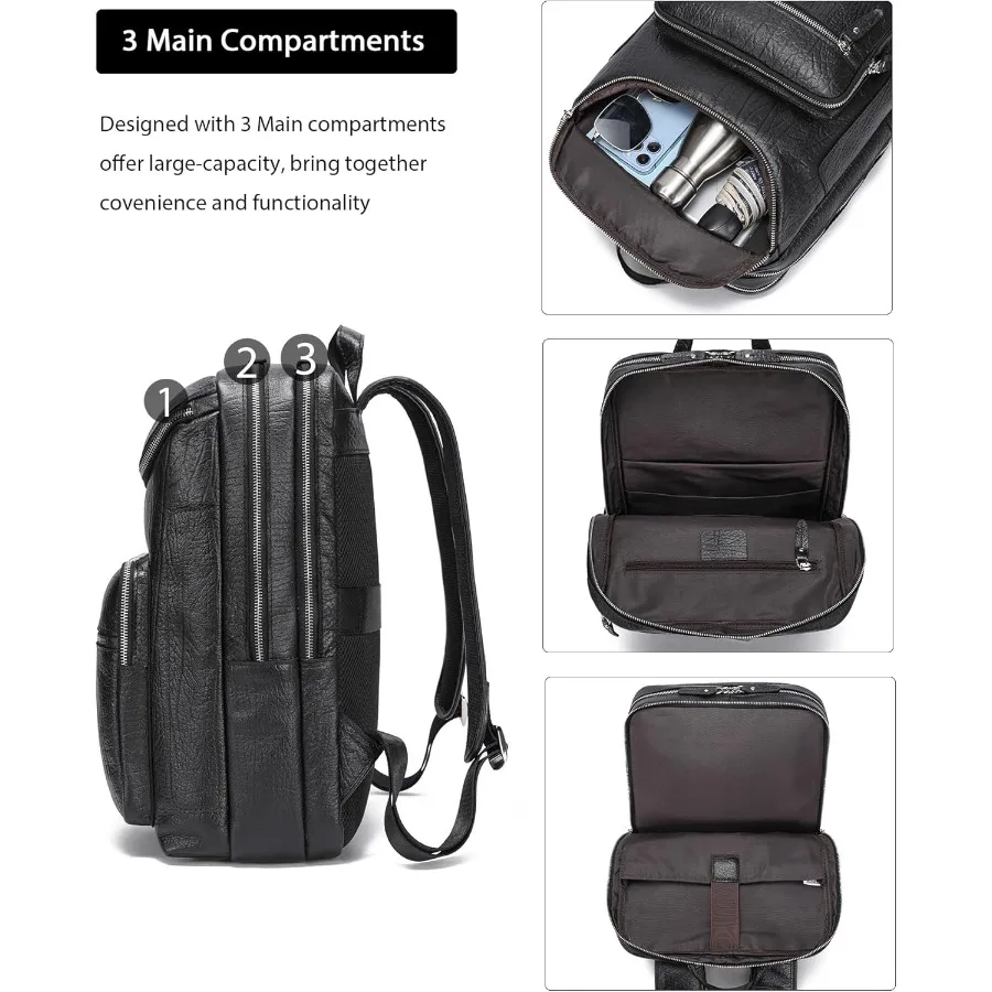 حقيبة ظهر من الجلد المحبب بالكامل من LANNSYNE للرجال مقاس 15.6 بوصة حقيبة ظهر جلدية للكمبيوتر المحمول والمشي لمسافات طويلة حقيبة سفر للتخييم #3