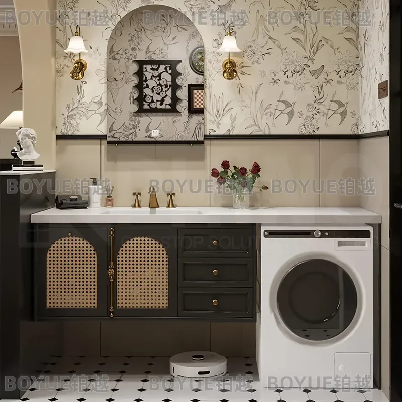 French Retro Rattan Bathroom Vanity Solid Wood Waterproof Washstand Ceramic Integrated Basin Sink Cabinet Storage Unit