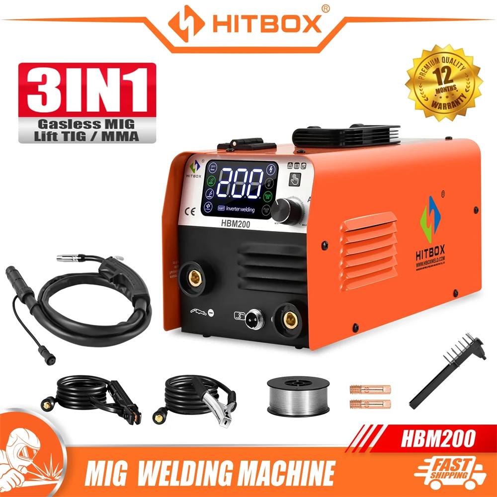 HITBOX Non Gas Semi-automatic Welding Machine 3 in 1 MIG/LIFT TIG/MMA Inverter Welder Synergy Tool For Gasless Soldering HBM200