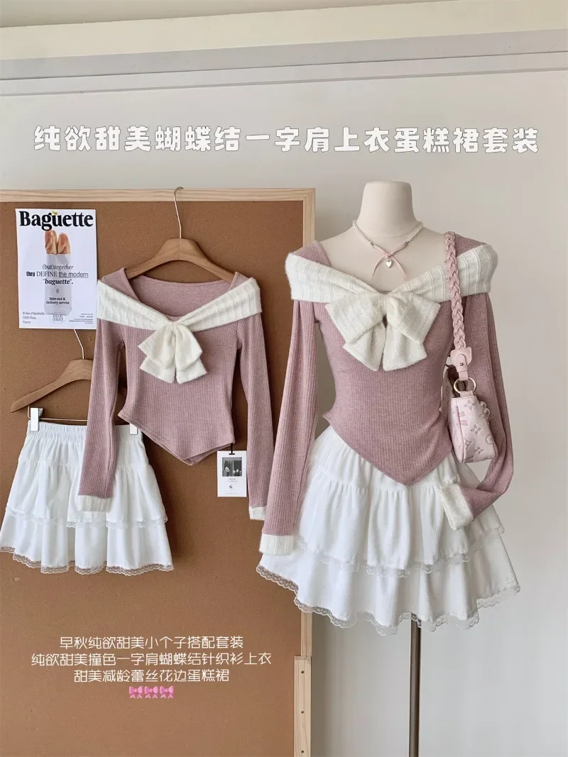 

2024 Sweet Girls New Two Piece Skirt Sets Bow Design Short Slim Long Sleeve T-shirt Tops + High Waist A Line Mini Skirt Outfits