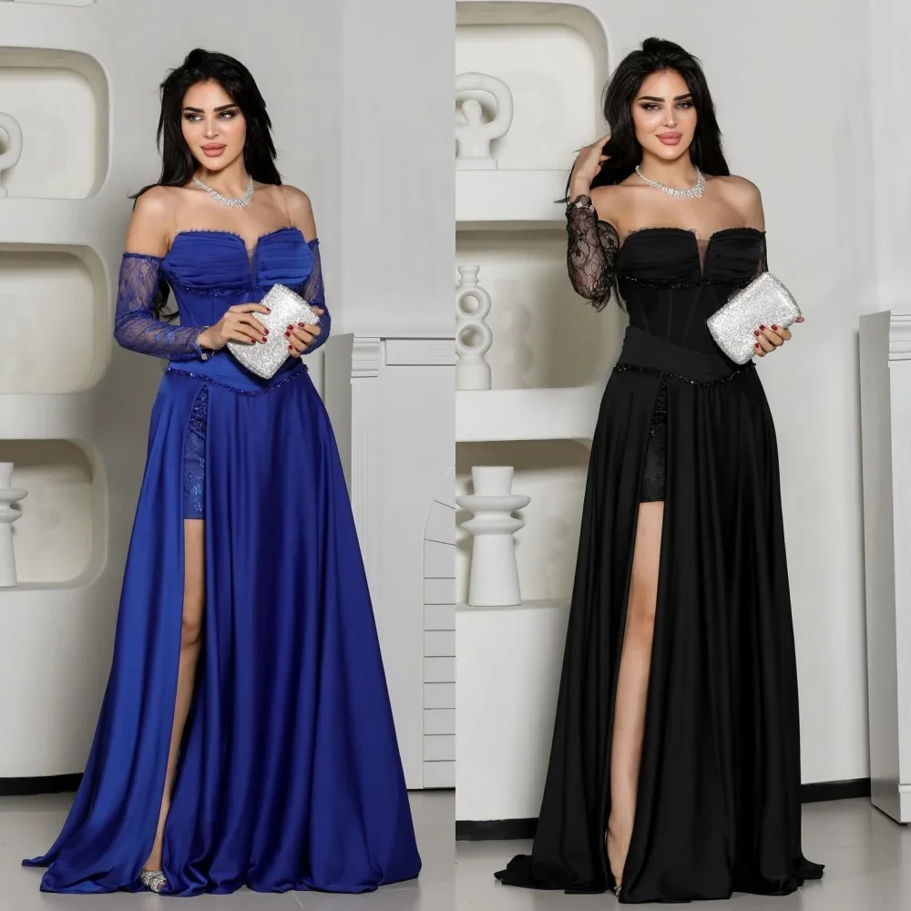 

Satin Beading Sequined Draped Clubbing A-line Off-the-shoulder Bespoke Occasion Gown Long Dresses