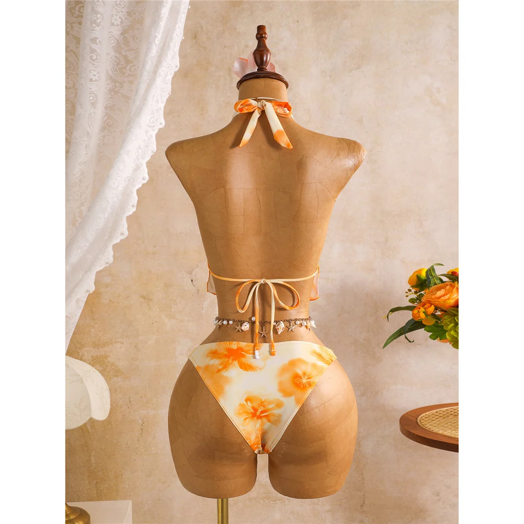 3D-Blumenmuster mit Rock, Neckholder-Bikini, Damen-Badeanzug, dreiteiliges Bikini-Set, Badebekleidung, Badeanzug, Schwimmbekleidung V8422 – Detail 17