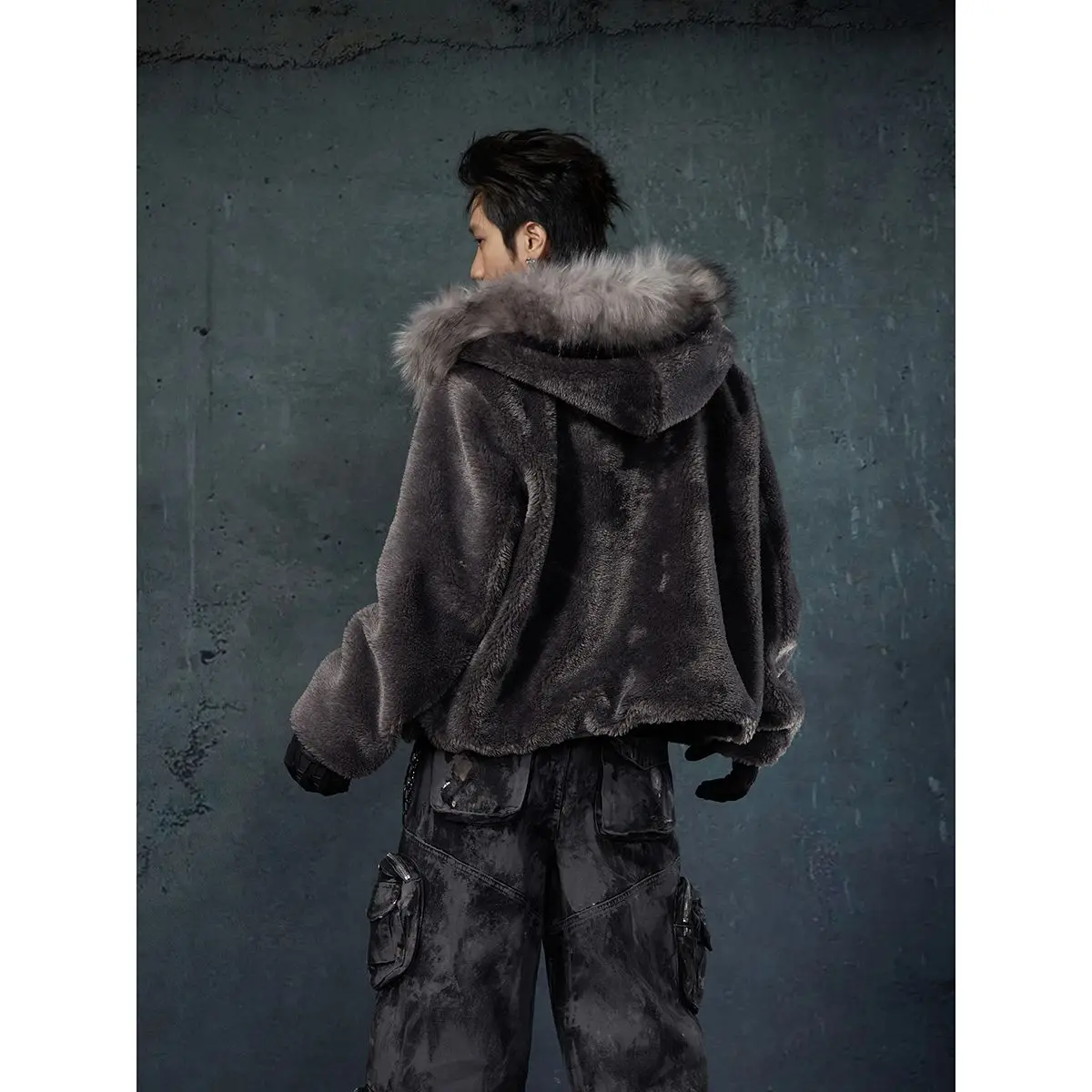 

Fur Collar Wool Pullovers Mens Word Slogan Printed Message Statement Front Back Graphic Text Letter-Printed Youth Culture Therma