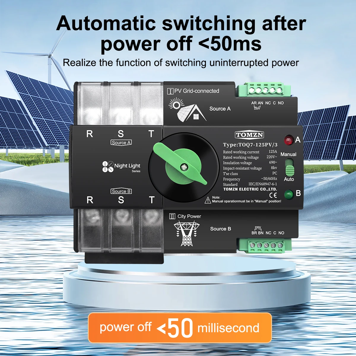 TOMZN DIN-Schiene 3 Phasen für PV 2P3P4P 63A 100A 125A 230V Dual Power Automatic Transfer Elektrischer Wahlschalter unterbrechungsfrei