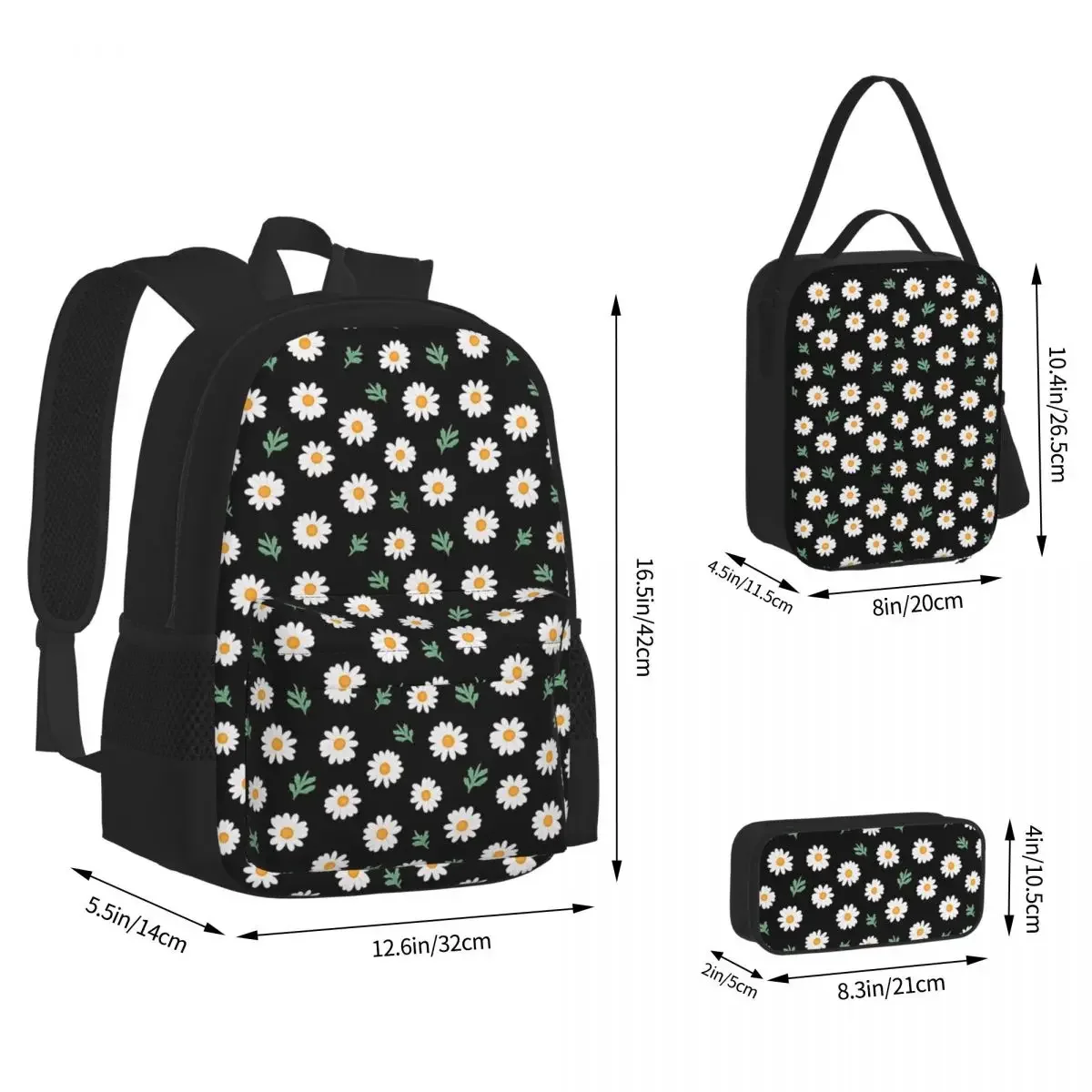 Conjunto de três peças de mochilas escolares pretas para crianças, padrão de margarida em mochilas pretas, mochila dos desenhos animados, lancheira, bolsa de caneta para meninos e meninas, bolsa infantil