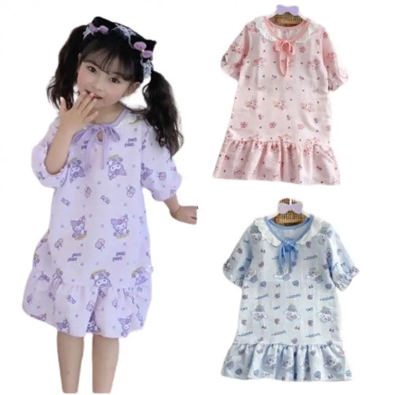 Anime Kawaii Sanrios Cinnamoroll Kuromi My Melody Children Pajama Skirt Cartoonloose Fitting Short Sleeved Nightdress Girl Gift