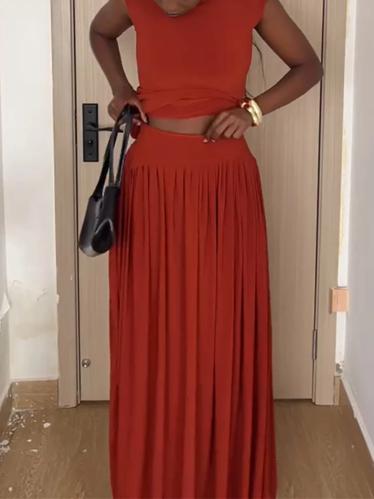 

Simple Solid Color O-neck Sleeveless Women Outfit Summer Vintage Pleated Commuting Skirt 2pc Sets New Casual Loose Swing Suits