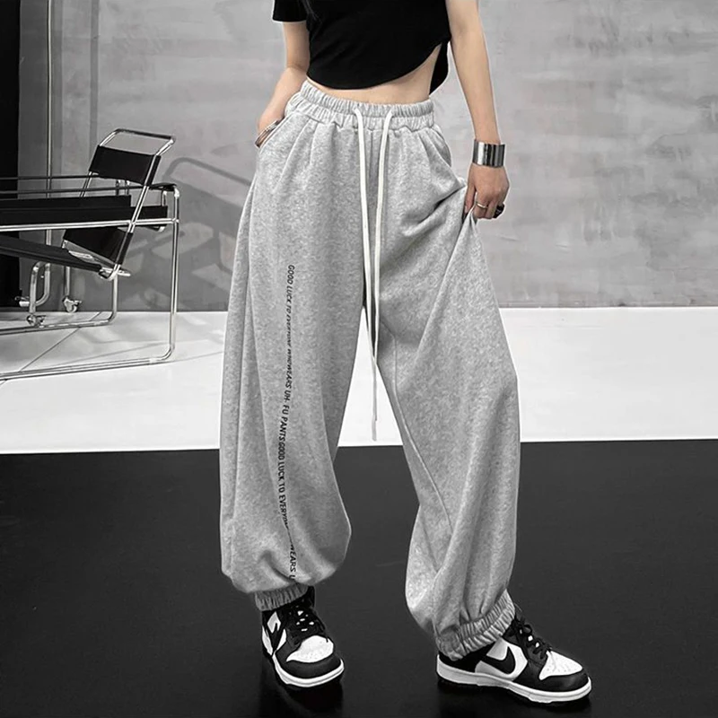 MEXZT Y2K Black Joggers Sweatpants Women Hip Hop Letter Print Wide Leg Pants Streetwear Oversized 2Xl Drawstring Trousers Bf