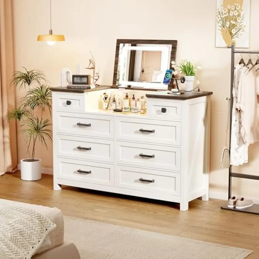 8 Drawer Dresser with Mirror, Charging Station, White Dresser, Farmhouse Makeup Vanity for Bedroom