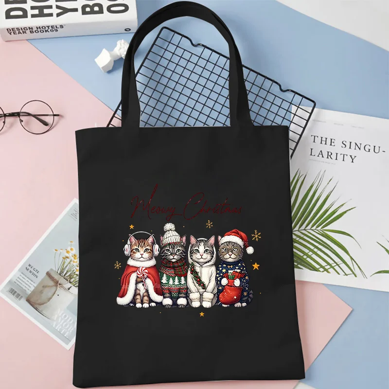 Meowy عيد الميلاد القط موضوع حقائب كتف الأسرة عيد الميلاد القط حفلة حمل حقيبة تسوق الموضة عالية السعة المرأة في سن المراهقة حقيبة يد #3