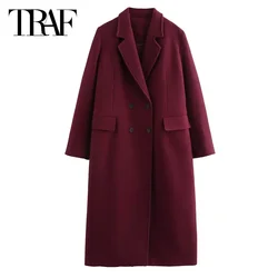 TRAF Women's Coat Burgundy Tweed Long Sleeve Coat Outerwears Winter Coats Woman 2024 New In Coats Office Wear Warm Long Jackets