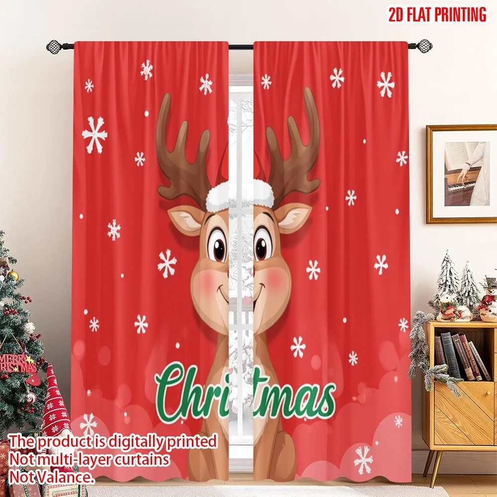 

2pcs 2D flat printing Christmas Party Curtain Christmas Reindeer Snowflakes Holiday Polyester Without Electricity Party
