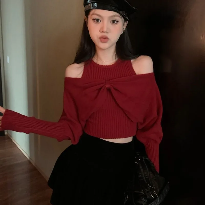 Round Neck Off Shoulder Sweater Women Bow Solid Color Knitted  2024 New Bat Long Sleeve Short Slim