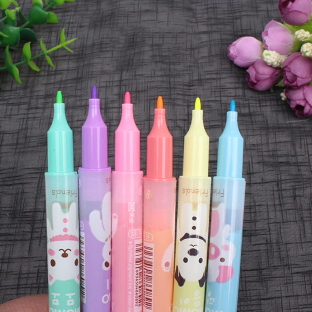 

6 Pcs Double End Fluorescent Pens Highlighter Markers Smooth Writing Vibrant Colors Wide Oblique Round Tip for School Notes