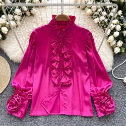 Elegant Three-dimensional Flower Long Sleeve Half High Collar Blouse Chic Korean Fashion Top Women Slim Slim Shirts