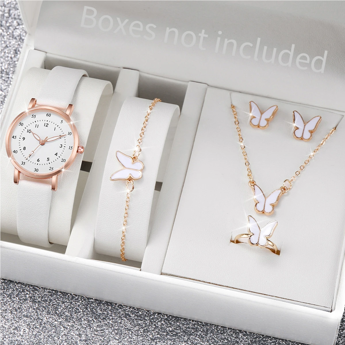 6PCS/Set Women\'s Quartz Watch Fashion Arabic Dial Leather Band Quartz Watch Jewelry Set（Without Box）