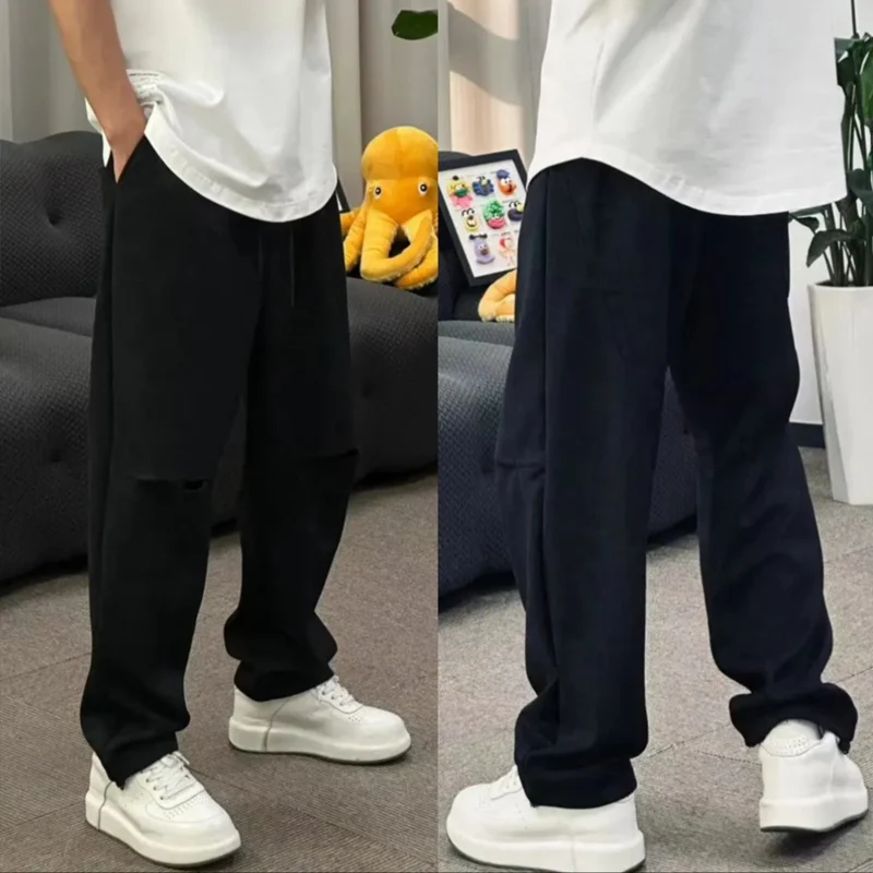 Casual Effen Kleur Losse Rechte Broek 2024 Mode-Ijs Zijden Broek Heren Trekkoord Uitgehold Baggy Joggingbroek Streetwear